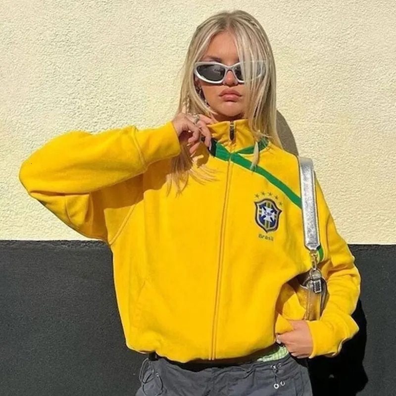 Vintage American Fashion Brazil Embroidery Zip Up Hoodies Womens Casual Loose Winter Warm Sweatshirt Y2k Harajuku Grunge Jacket 240715