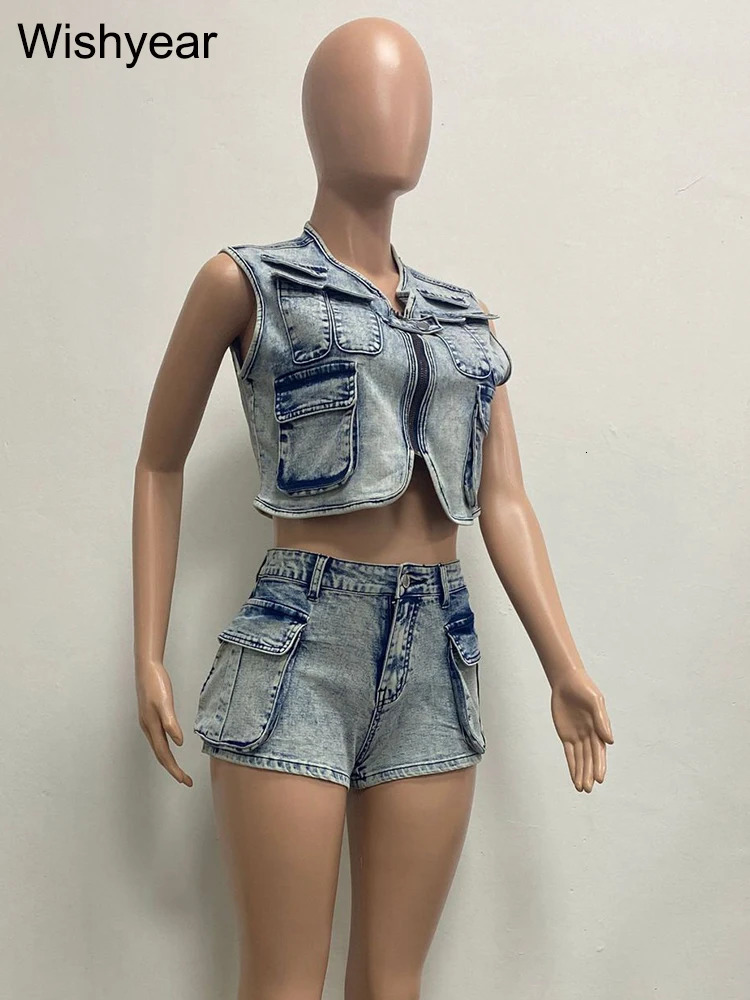 Sexy Stretch Denim Pockets Sleeveless Vest Jackets Crop Tops and Shorts Jean Two 2 Piece Set Birthday Club Beach Outfits 240716