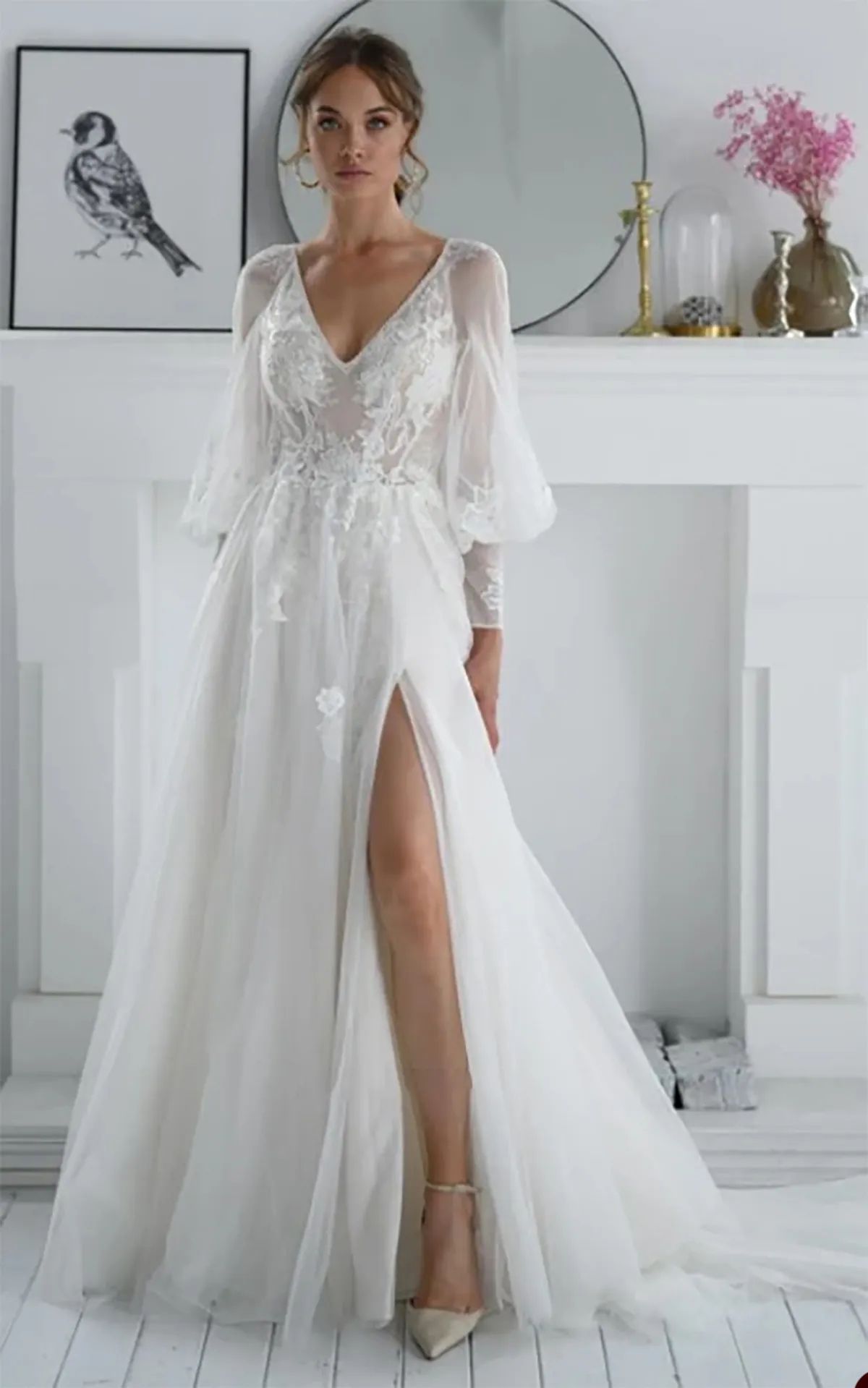 Elegant Beach A Line Wedding Dresses Side Split Cap Sleeve Lace Applique Bridal Gown Sweep Train Vestidos De Novia Custom Size Custom Made