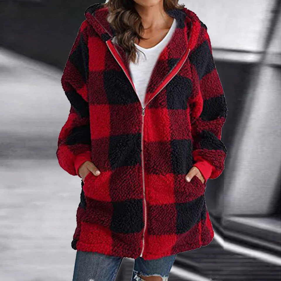 Winter Long Sleeve Grid Hooded Loose Womens Jacket Plus Size Women Clothing Large Size Keep Warm Female Outerwear Coat 240711
