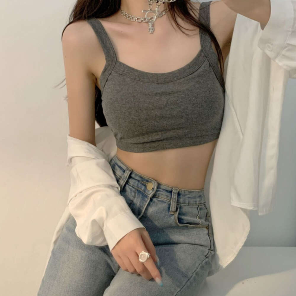 Summer New Cotton Back Women's Small Strap Tank with Chest Cushion Short Outfit Bottom Top