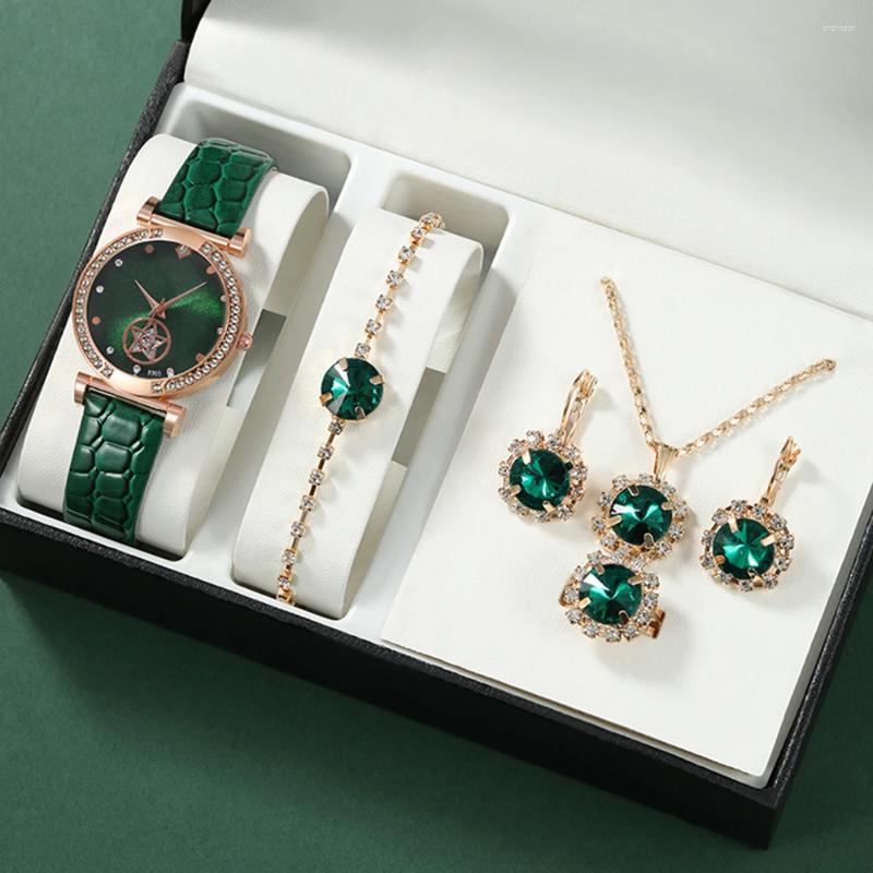 Wristwatches 6pcs Women's Watch Set Stylish Casual Quartz Leather And Necklace Bracelet Ring Earrings Jewelry