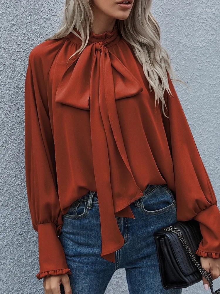 Women's Blouses Fashion Solid Color Chiffon Shirts Women Bowknot Leace-up Sleeve Temperament Elegant Lady Trendy Commuting Clothing