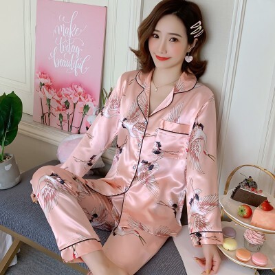 High quality women's pamas Korean long-sleeved loose suit ladies cardigan sexy ice silk home service