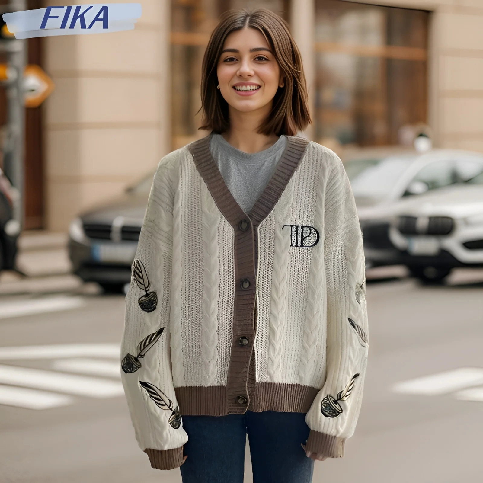 2024 autumn womens trend highquality loose fit suitable for floral embroidery knitted cardigan Y2k regular beige 240718