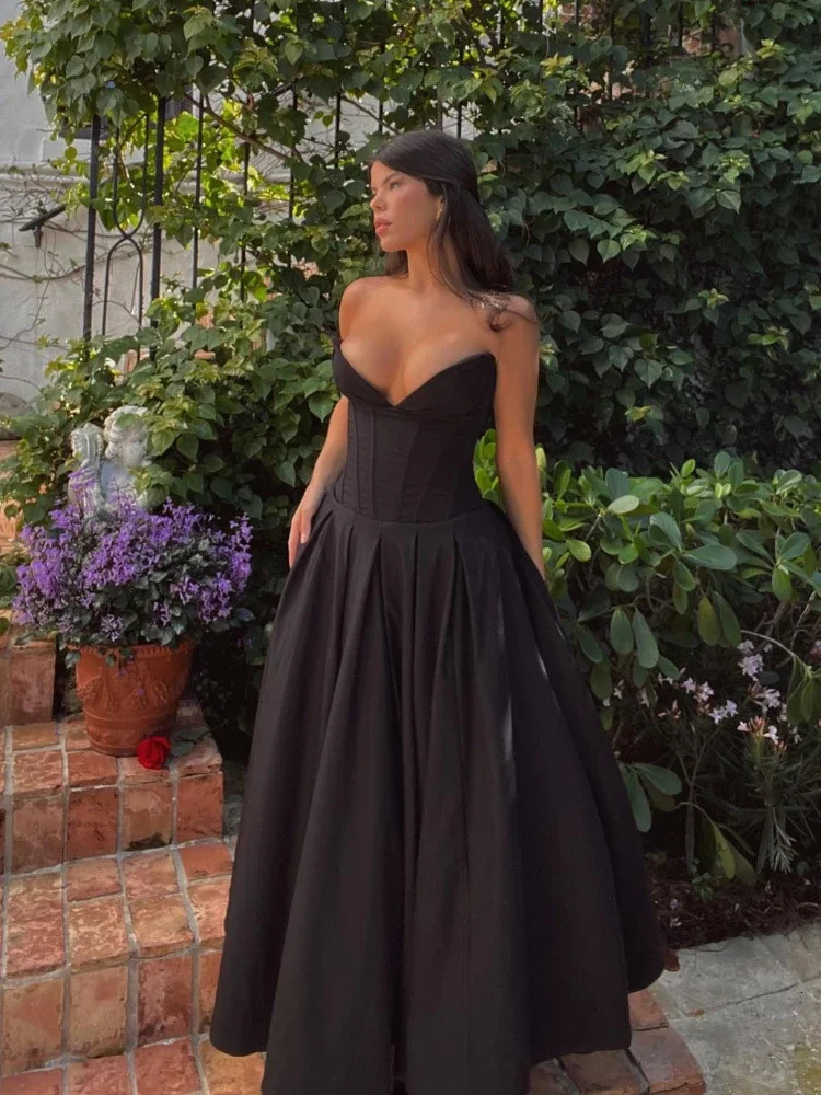 Suninheart Strapless Corset Midi Black Elegant Casual Dress for Wedding, Party, Christmas Events - Womens Clothing C260312