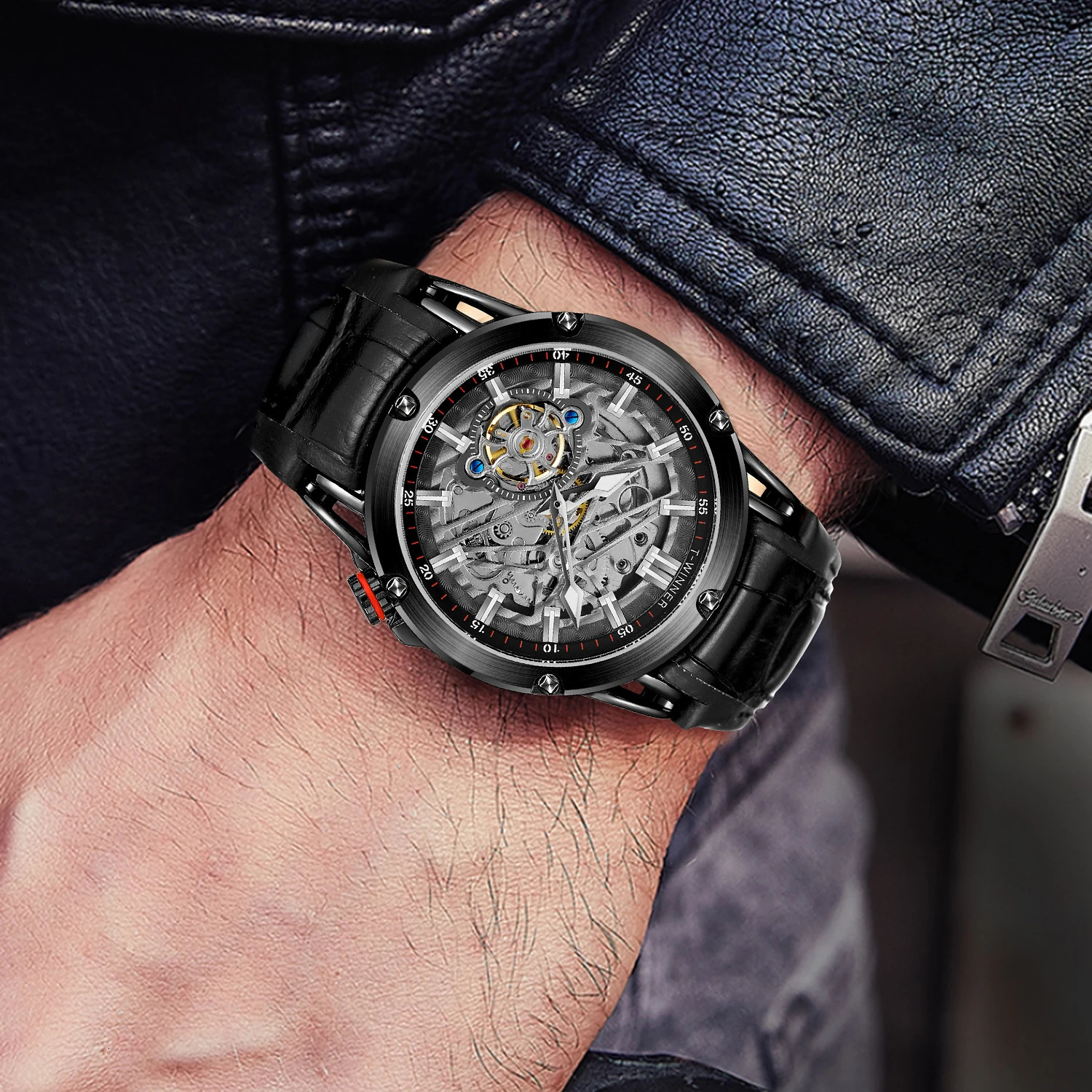 TWinner 2023 Men Automatic Mechanical Movement Watch Leather Strap Skeleton Fashion Waterproof for Male Gift Watches 240716