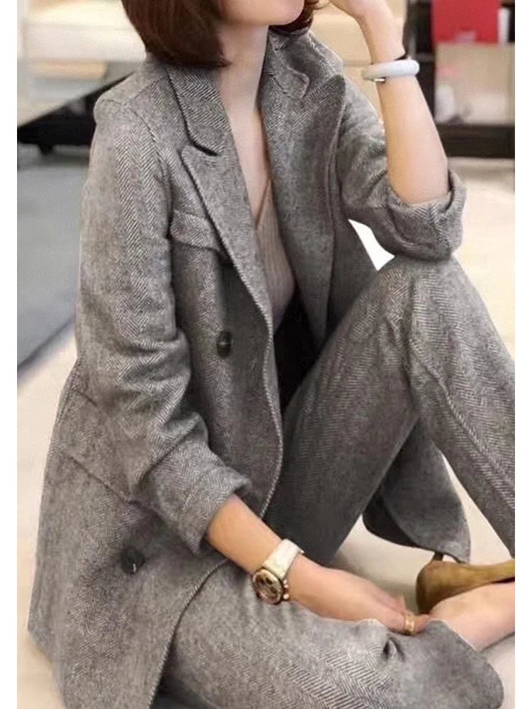 Women Woolen Blazer and Pantsuits Chic Elegant Korean Fashion Trousers Outfits Autumn Female Suit Jacket 2 Piece Sets 240717