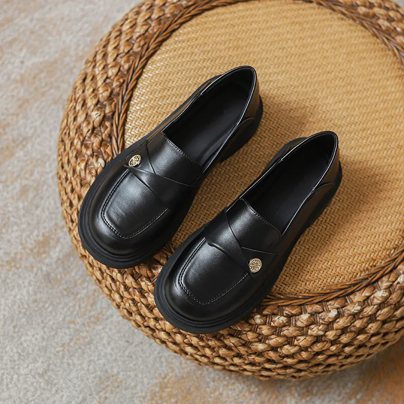 Casual Woman Shoe Round Toe Loafers With Fur Oxfords British Style Black Flats Summer Slip-on Retro Leather Preppy Lace-Up S 240708