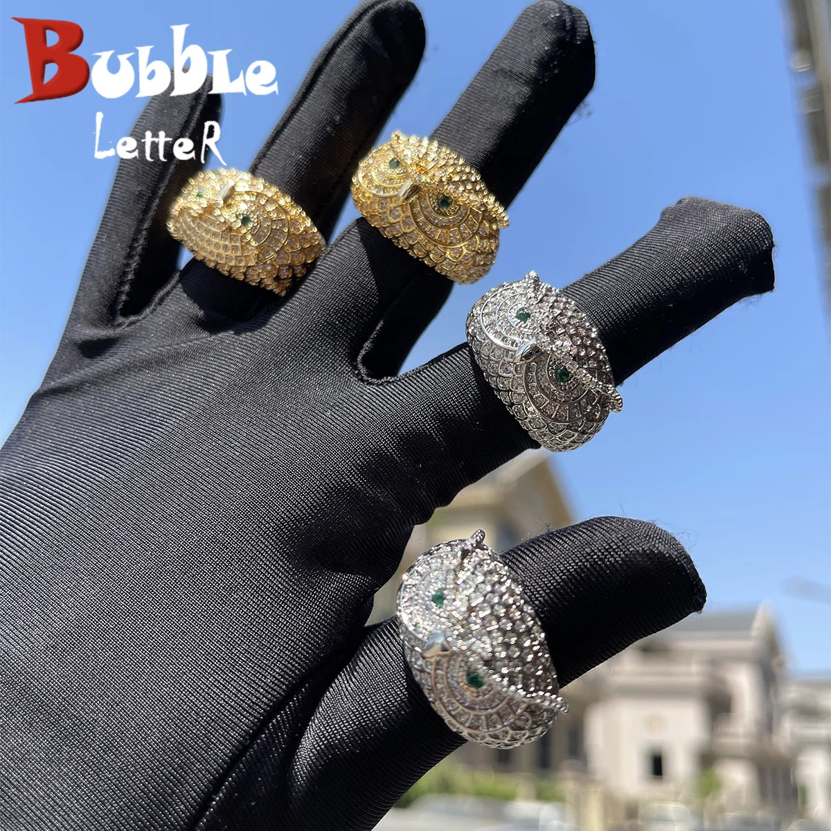 Bubble Letter Owl Ring for Men Real Gold Plated Brass Cubic Zircon Iced Out Charms Hip Hop Jewelry Trend Selling 240713