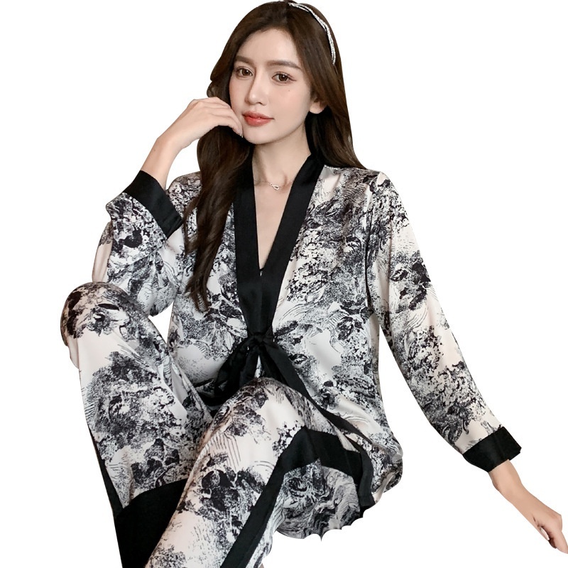 Women's Spring And Autumn New Fashion Printing Pama Thin Ice Silk Long Sleeve Large Set Sleepwear