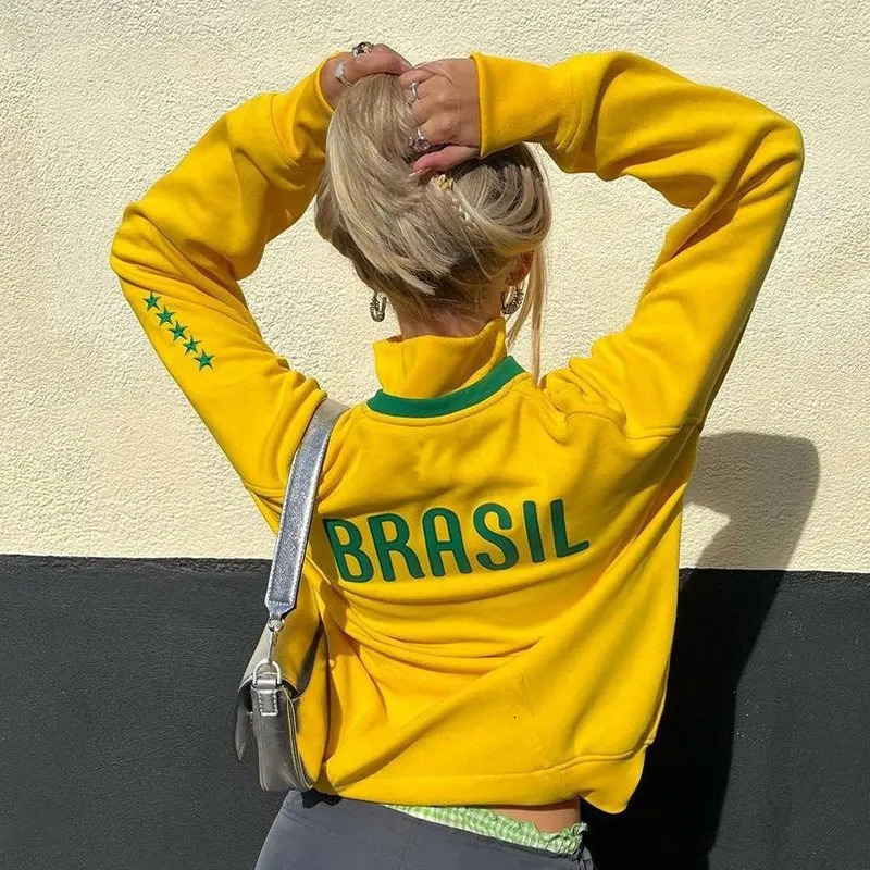 Vintage American Fashion Brazil Embroidery Zip Up Hoodies Womens Casual Loose Winter Warm Sweatshirt Y2k Harajuku Grunge Jacket 240715