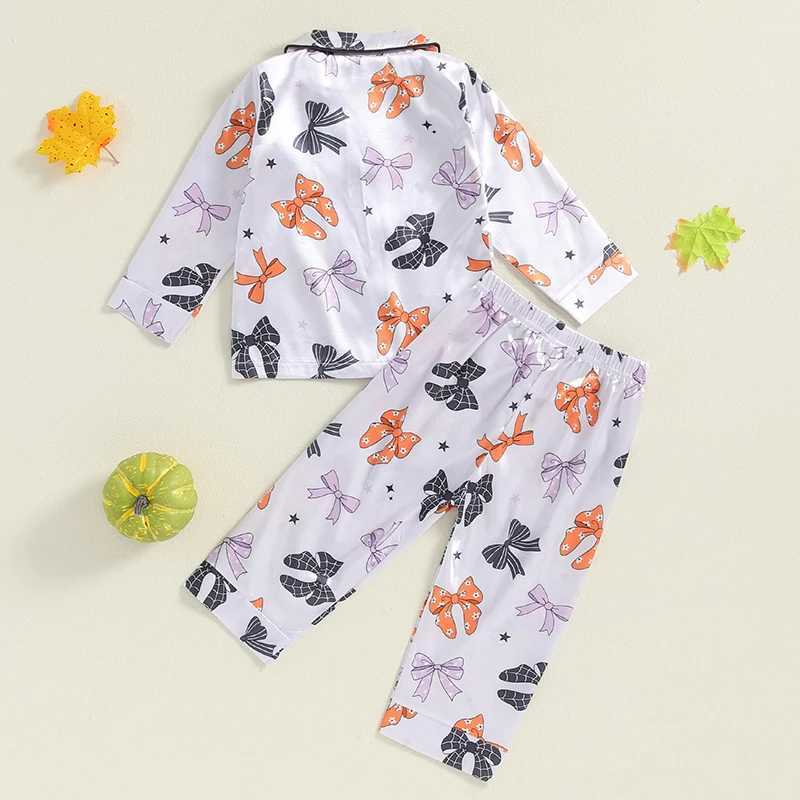Suefenskry Childrens and Girls Halloween Pajama Set Long Sleeve Collar Pumpkin/Bow Print Shirt Pants Autumn Pajamas Casual Home ClothesW240716