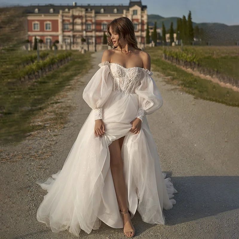 Sexy Off Shoulder Lace Applique Beach Wedding Dress Boho Side High Slit Floral Bridal Gown Sleeveless Vestidos de Novia Custom Made