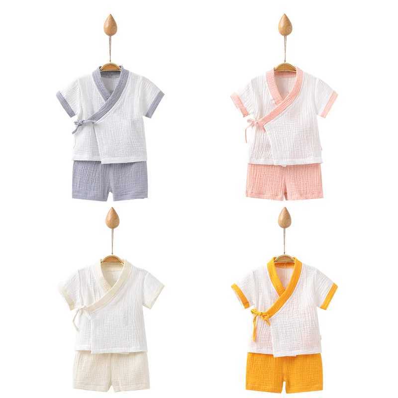 Childrens Hanbok short sleeved set kimono pajamas solid color breathable pajamas Gauze Chinese style childrens retro pajamas LC707W240716