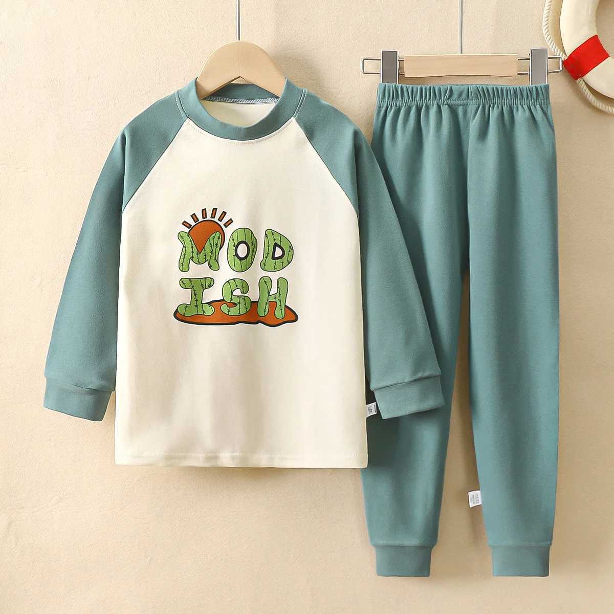 Cotton childrens casual clothing set long sleeved pants pajamas two-piece set warm and casual autumn clothing neutral cartoon styleW240716