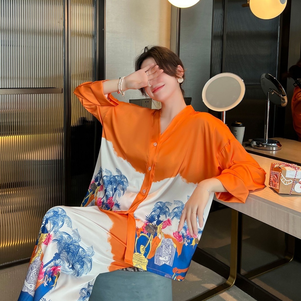 Ice Silk Pamas Women's Spring And Autumn Long Sleeved Cardigan High Quality Printing Suit Pyjamas