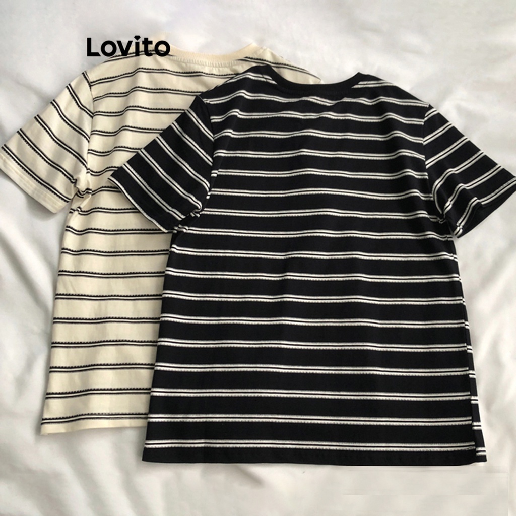 Lovito Casual Striped Round Neck Heart Print T-Shirt for Women LNE24003 (Apricot/Black)