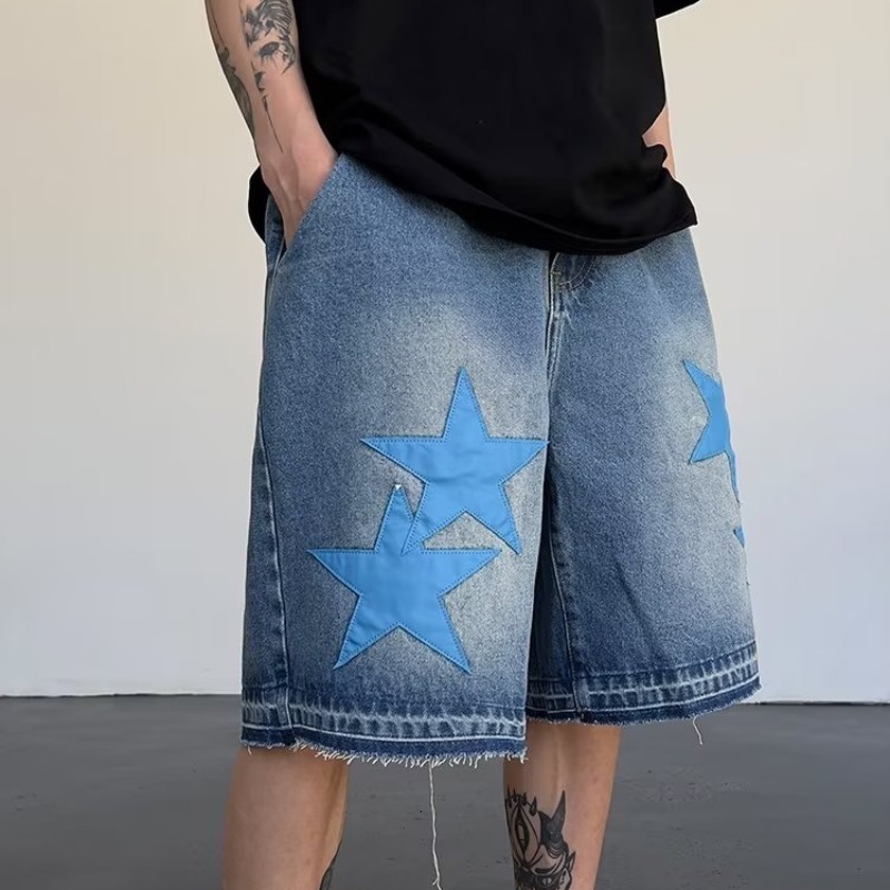 Denim shorts men's summer brand pentagram patch leather embroidery washed loose straight tube versatile wide leg five quarter pants trend