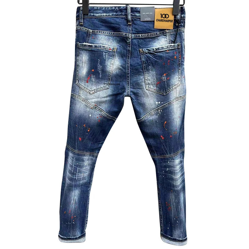 chareiharper T82 Mens Slim Stretch cotton elastic Elastic black leather label ripped print fashion mens European jeans 240716