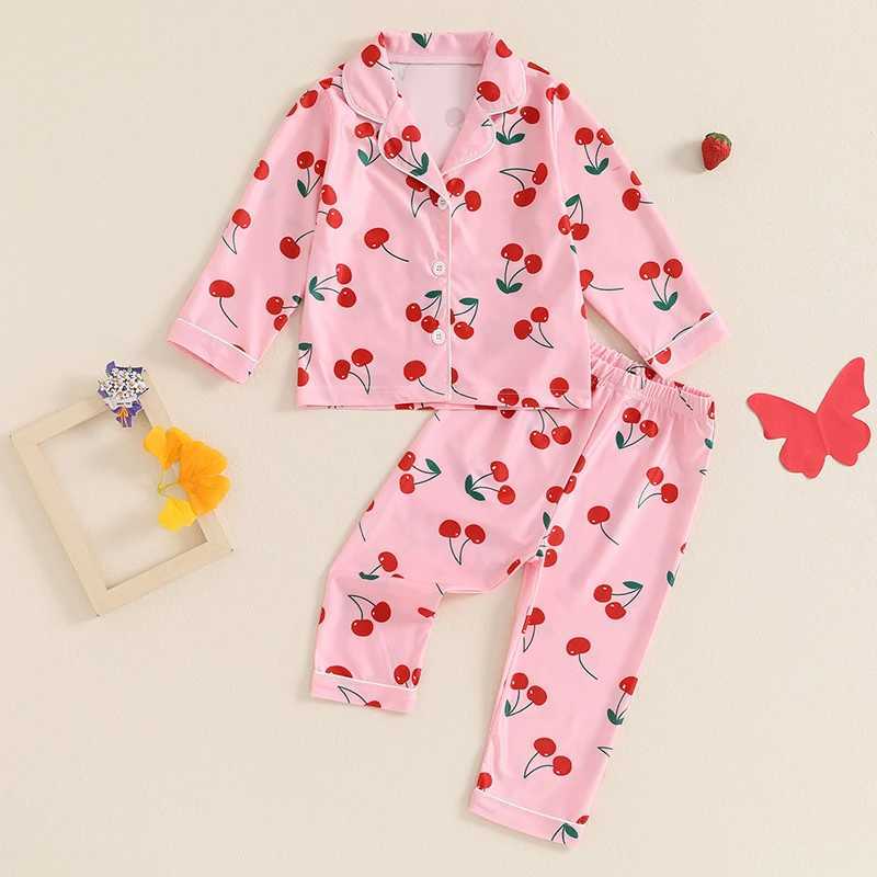 Childrens and Girls Autumn/Winter Pajama Set Butterfly/Cherry/StrAWberry Printed Long Sleeve Shirt Top Long Pants 2-piece Lounge W240716
