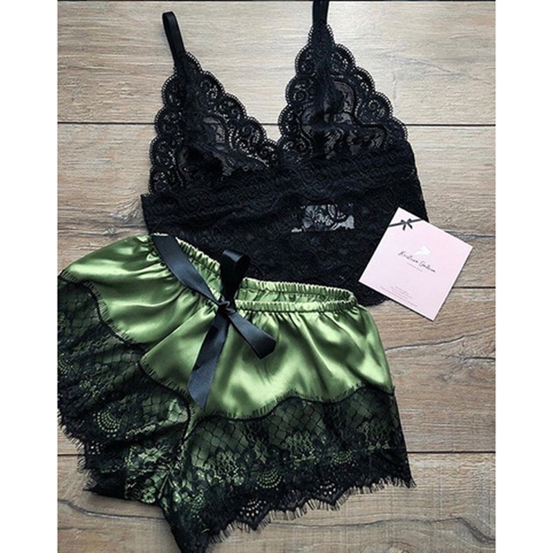 Women Lace Set V-collar Sleeveless Elegant Sleepwear Pamas Sexy Underwear