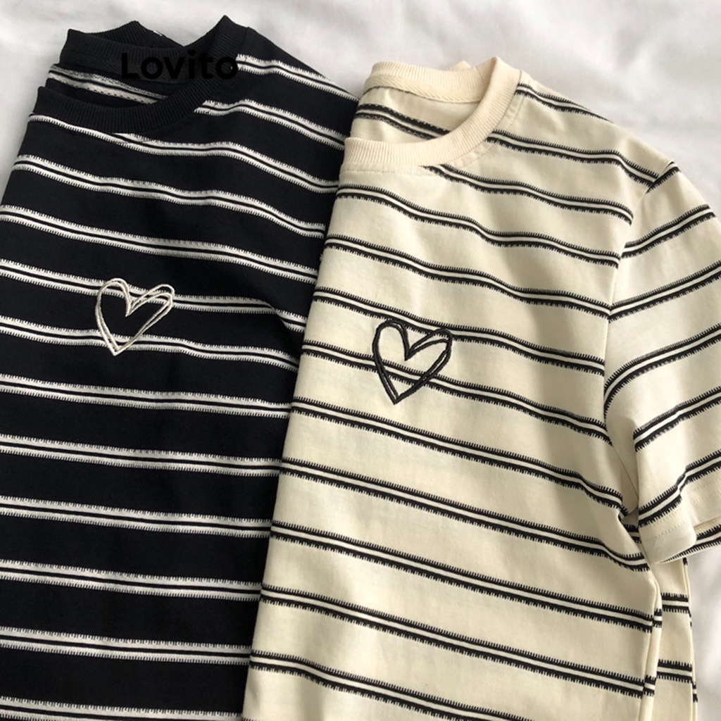 Lovito Casual Striped Round Neck Heart Print T-Shirt for Women LNE24003 (Apricot/Black)
