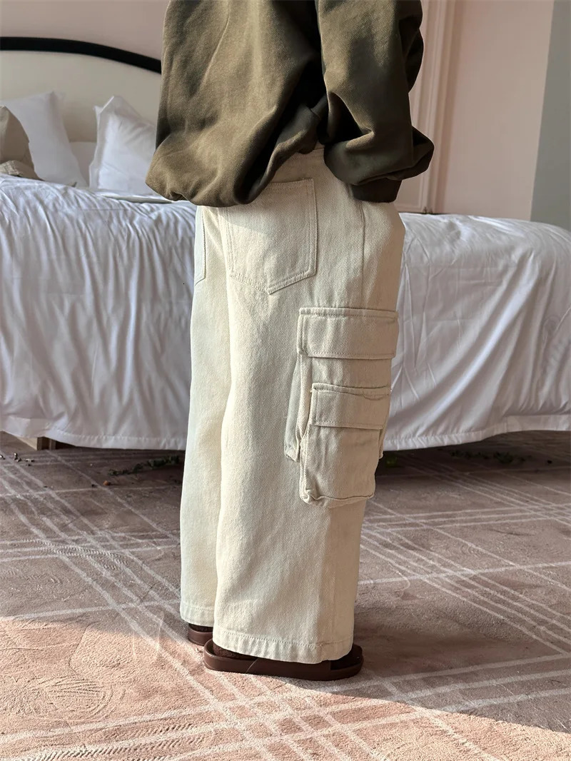 Children Clothing Kids Pants Spring Overalls Korean Style Boys and Girls Solid Color Big Pockets Casual Pants Handsome 240716