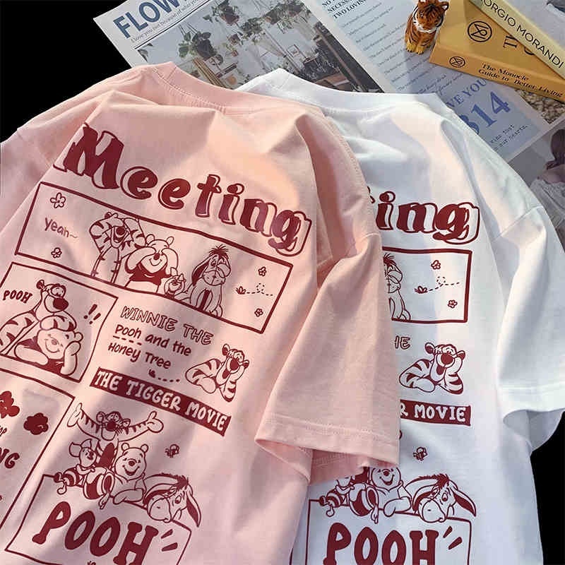 Women Super Cute Oversized BF Short Sleeve Shirt Tops Korean Drop Shoulder Loose Cartoon Printed Tee T-shirts