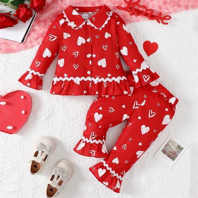 Childrens Valentines Day Pajama Set with Heart Shaped Printed Long Sleeve Top and Pants 2-piece Lounge Set for Girls PajamasW240716