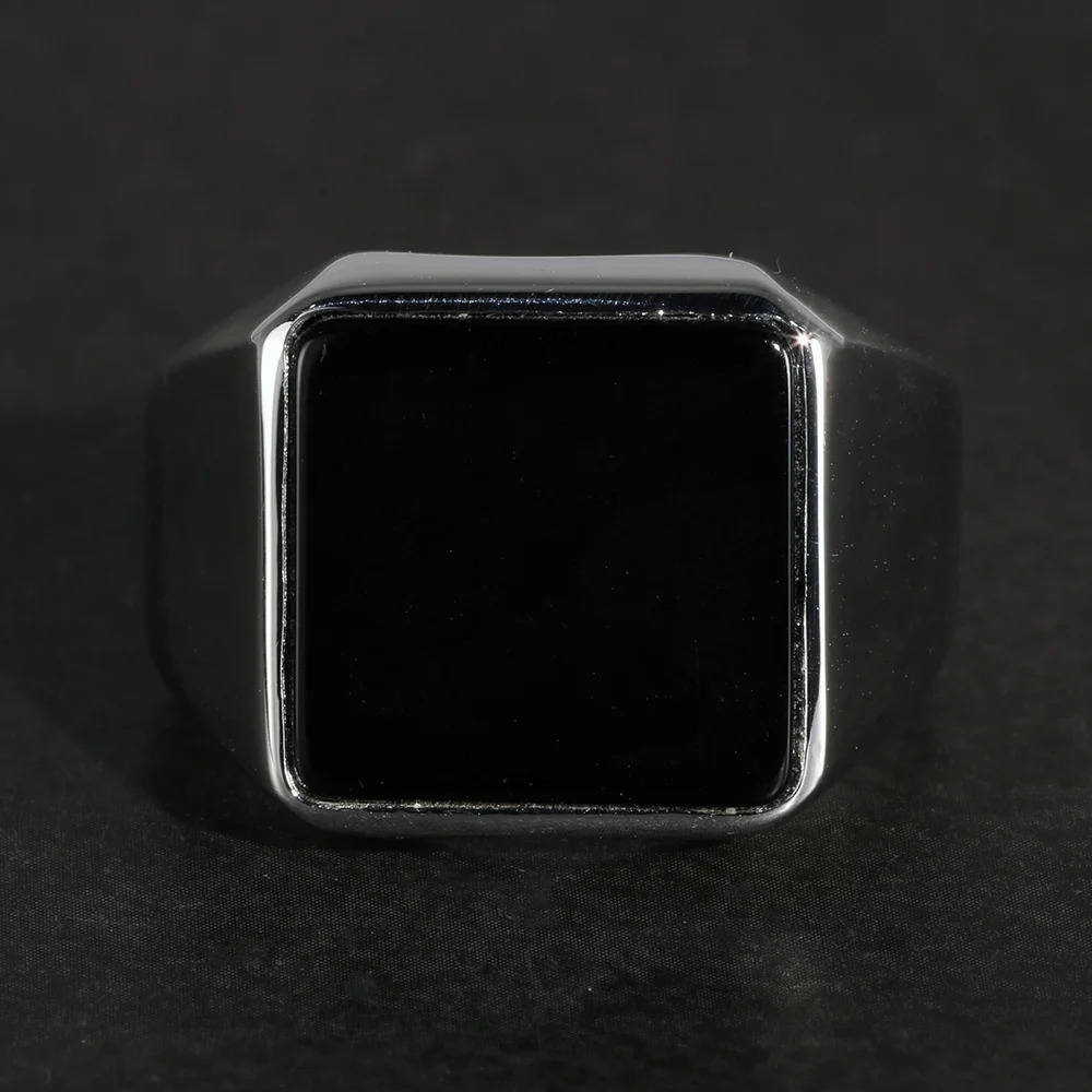 Solid 925 sterling silver square regular mens ring with natural black agate simple country flat top Holmark mens jewelry 240805