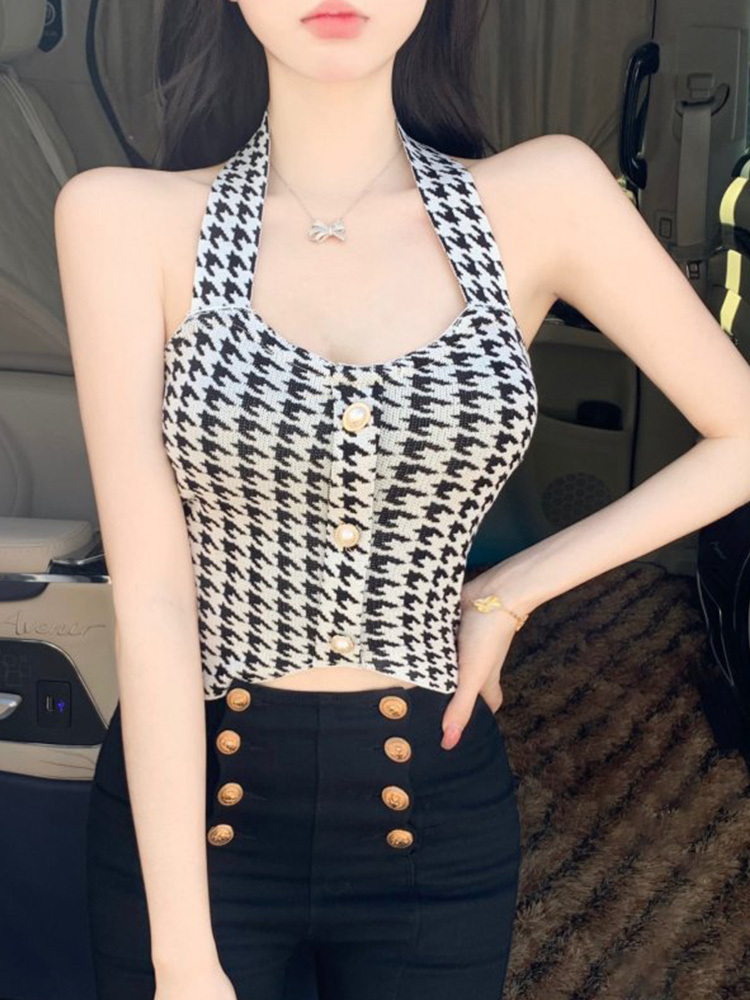 Summer neck hanging Qianniao grid tank top, niche short style, sweet and spicy, inside, sexy outside, pure desire top for women