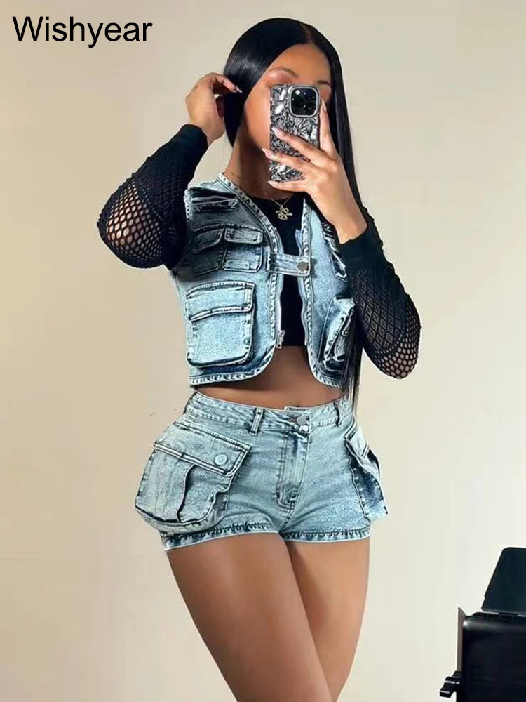 Sexy Stretch Denim Pockets Sleeveless Vest Jackets Crop Tops and Shorts Jean Two 2 Piece Set Birthday Club Beach Outfits 240716