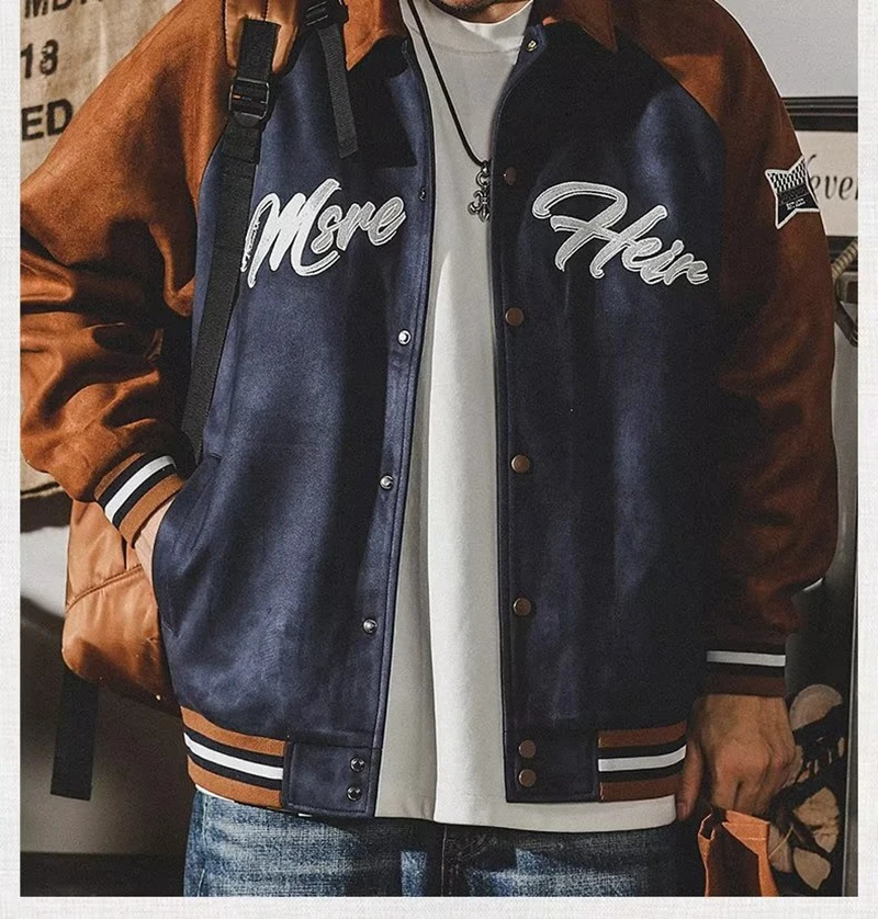 American Baseball Uniform Jacket Hip Hop Coat Deerskin Velvet Jacket Mens Patchwork High Street Loose y2k Casual Sports top 240717