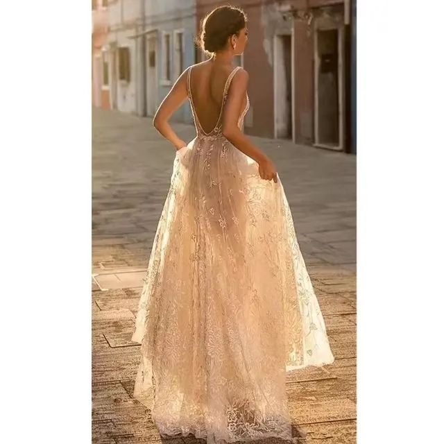 Floral Lace A Line Boho Wedding Dresses Bridal Gowns Sexy Bohemia Deep V Neck Lace Appliques Backless Tulle Floor Length Custom made