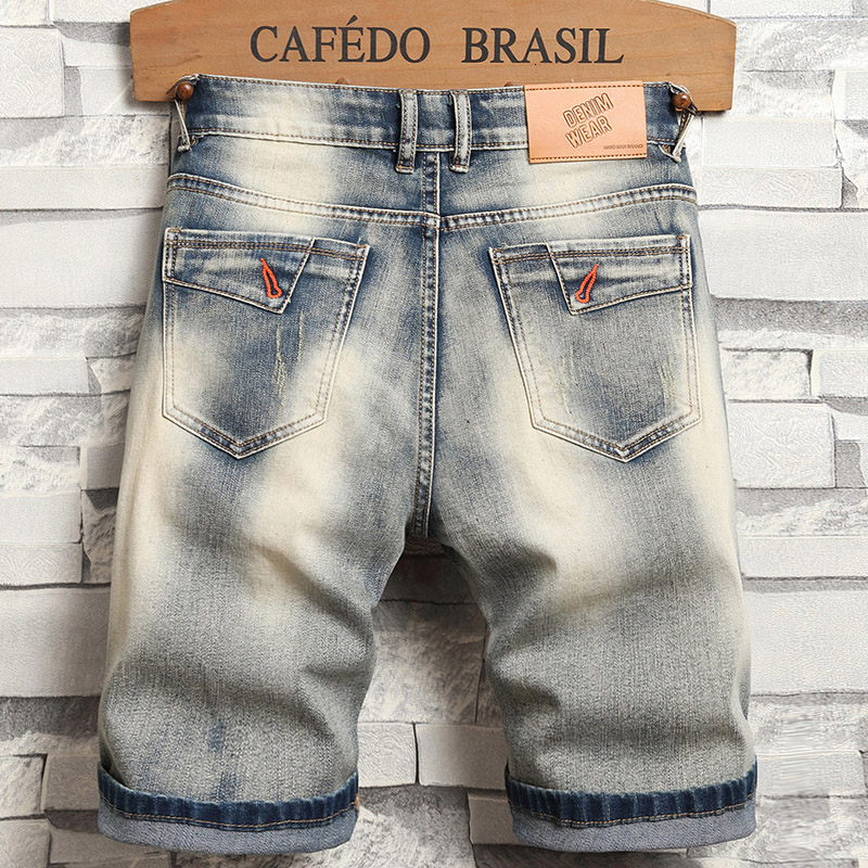 2024 new patchwork distressed denim for men's summer high street fashion brand five point shorts motorcycle zipper style