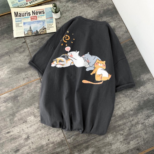 Free Shipping Fashion Anime Style Men's Oversized Loose Short-sleeved Cartoon 4 Kittens Printed T-shirt Couple Top