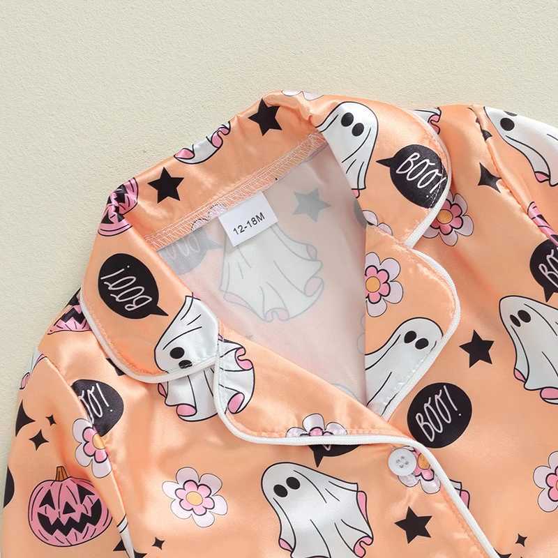 Visgogo Preschool Girls Halloween Pajama Set Long Sleeve Collar Ghost Pumpkin Printed Shirt Elastic Waist Pants Satin W240716