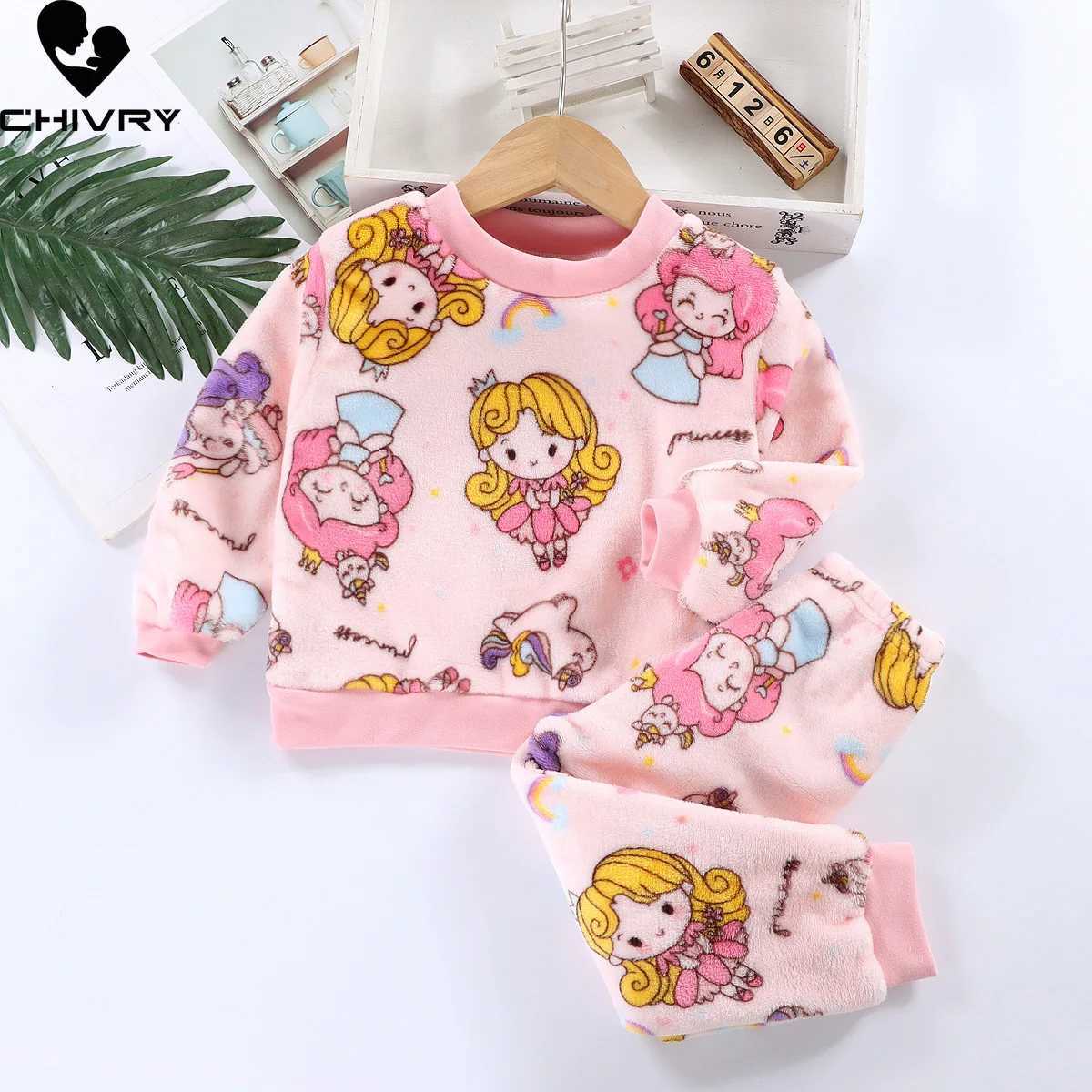 New autumn winter childrens thick warm flannel pajamas set baby boys and girls cartoon long sleeved O-neck clothing set pajamasW240716