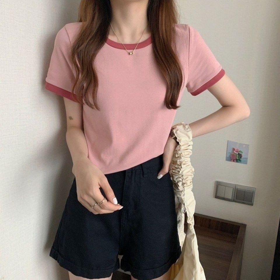 Ready Stock Korean Style Women Color Block Tops Round Neck Short Sleeve Casual T-shirt