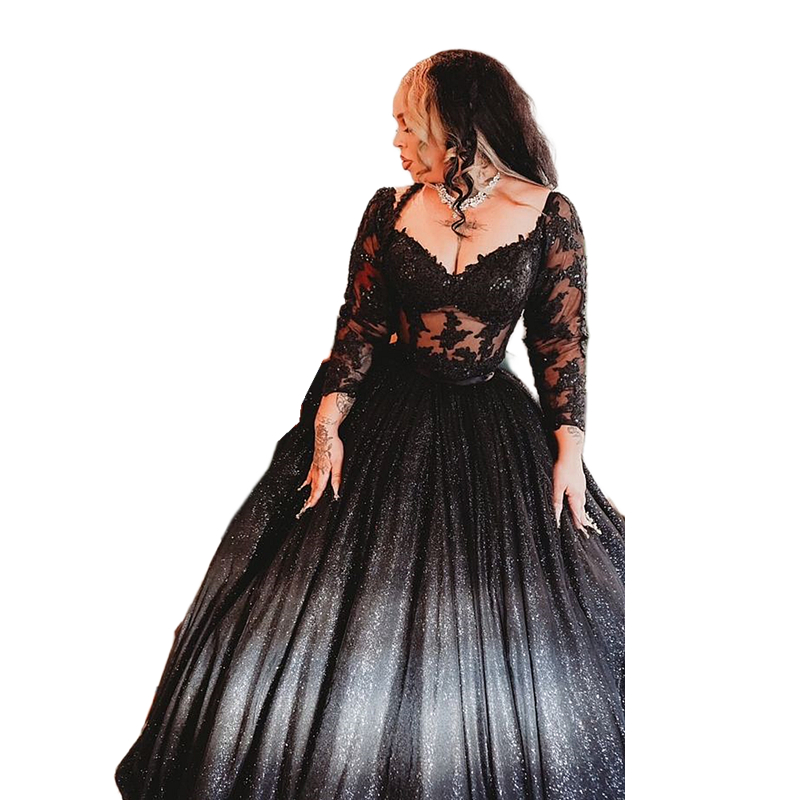 Long Sleeves Black Gothic Wedding Dresses V-Neck Illusion A-Line Glitter Sequins Tulle Bridal Gowns Corset Bodice 2024 Outdoor Vestido De Novia