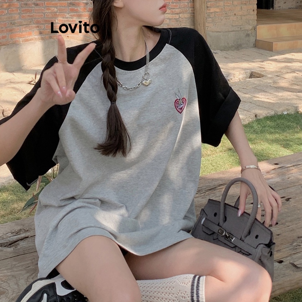 Lovito Casual Patchwork Contrast Binding T-Shirt for Women LNA17117 (Grey)