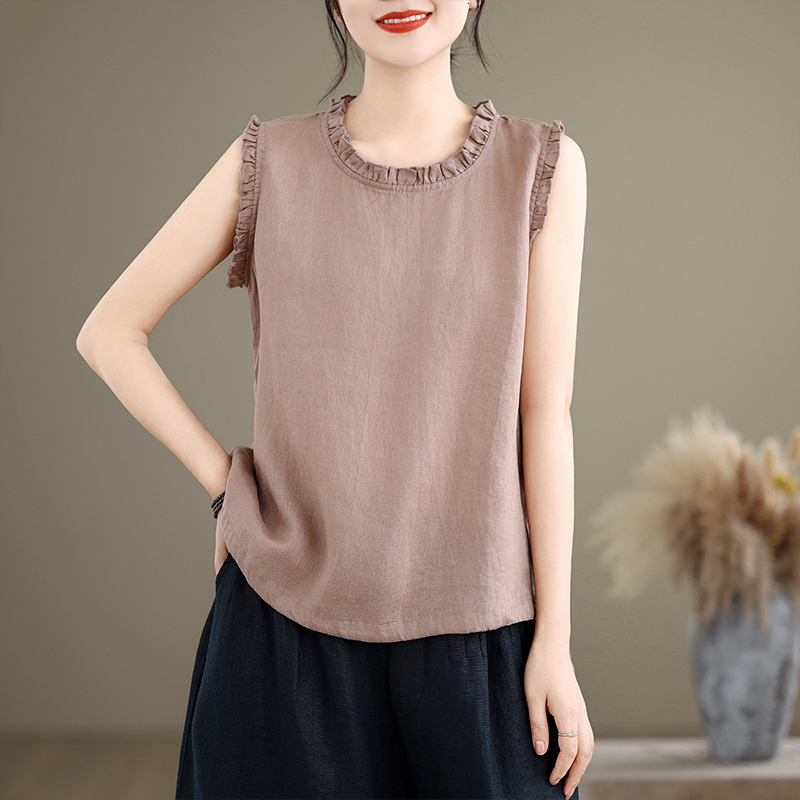 Summer cotton, hemp, fungus edge loose slimming drawstring vest women, solid color base top for outerwear