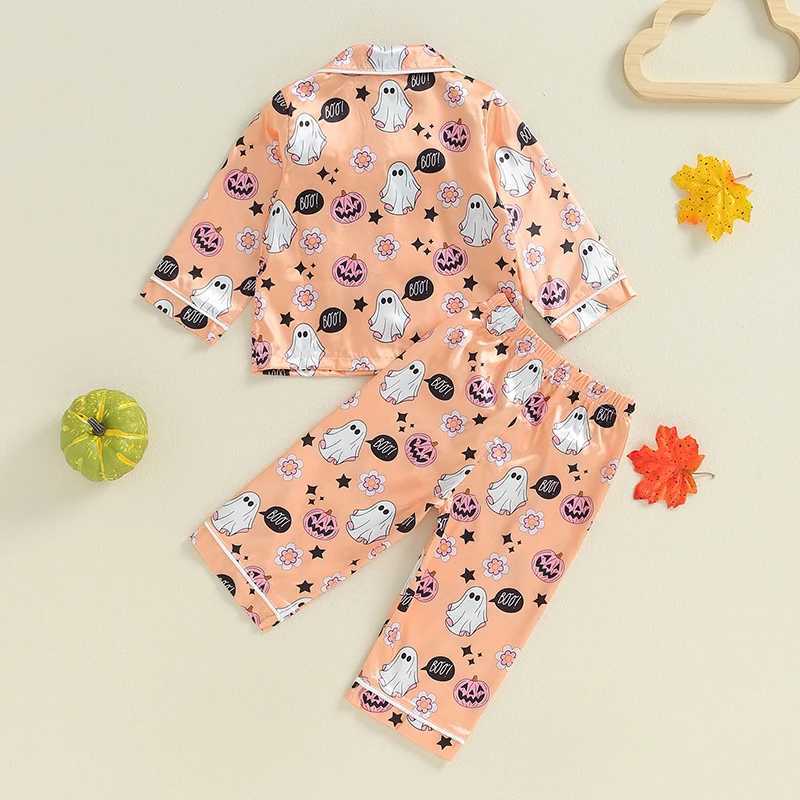 Visgogo Preschool Girls Halloween Pajama Set Long Sleeve Collar Ghost Pumpkin Printed Shirt Elastic Waist Pants Satin W240716