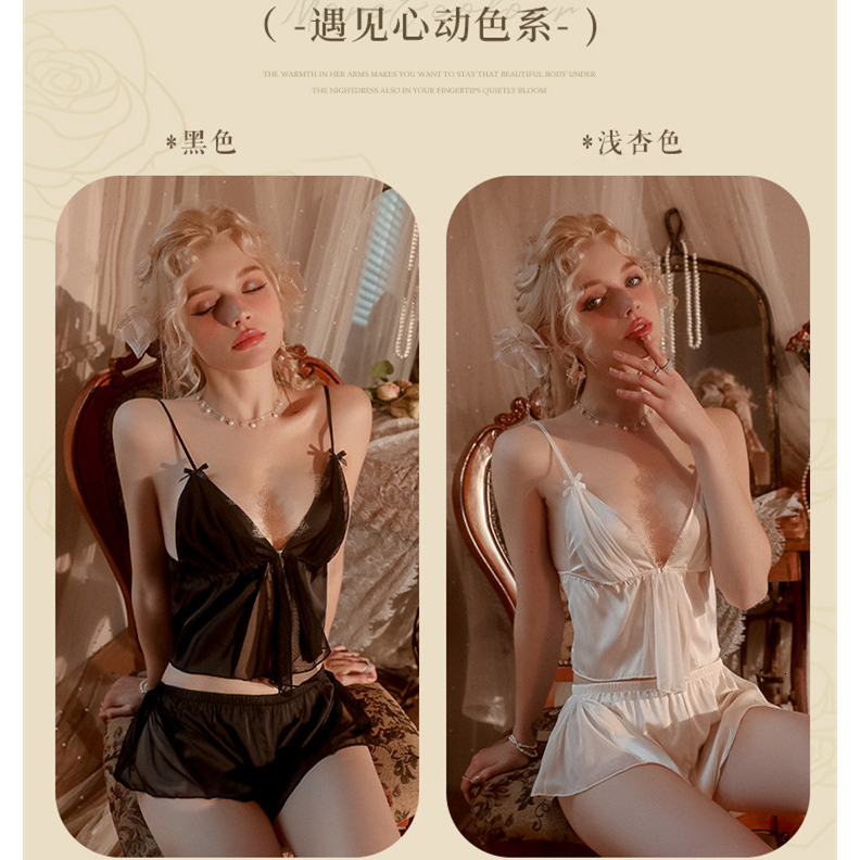 Ladies Pyjamas Set Satin Silk Deep V Front Buckle Pamas Women Sexy Lingerie Sleepwear