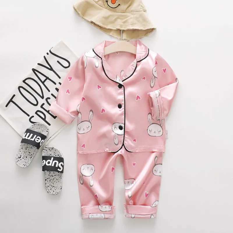 Boys and girls long sleeved silk pajamas childrens cartoon rabbit pajamas girls satin pajamas for teenagers evening gown setW240716
