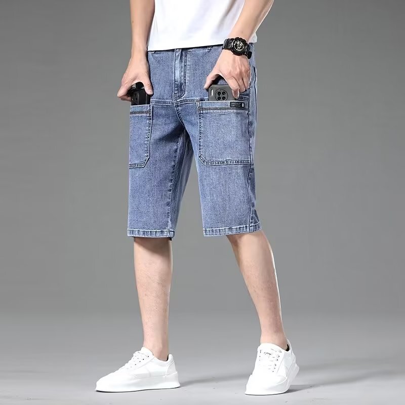 Fashionable denim shorts for men in summer, thin cut six pants, elastic loose straight leg seven inch oversized fashionable men's mid length pant