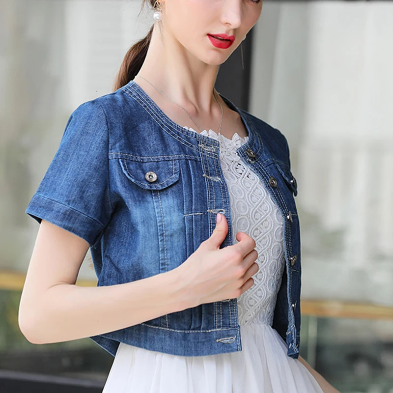 Autumn Women Denim Jackets Round Collar Basic Cropped Trendy Short Sleeve Jeans Blue Bomber Coat Tops 240717