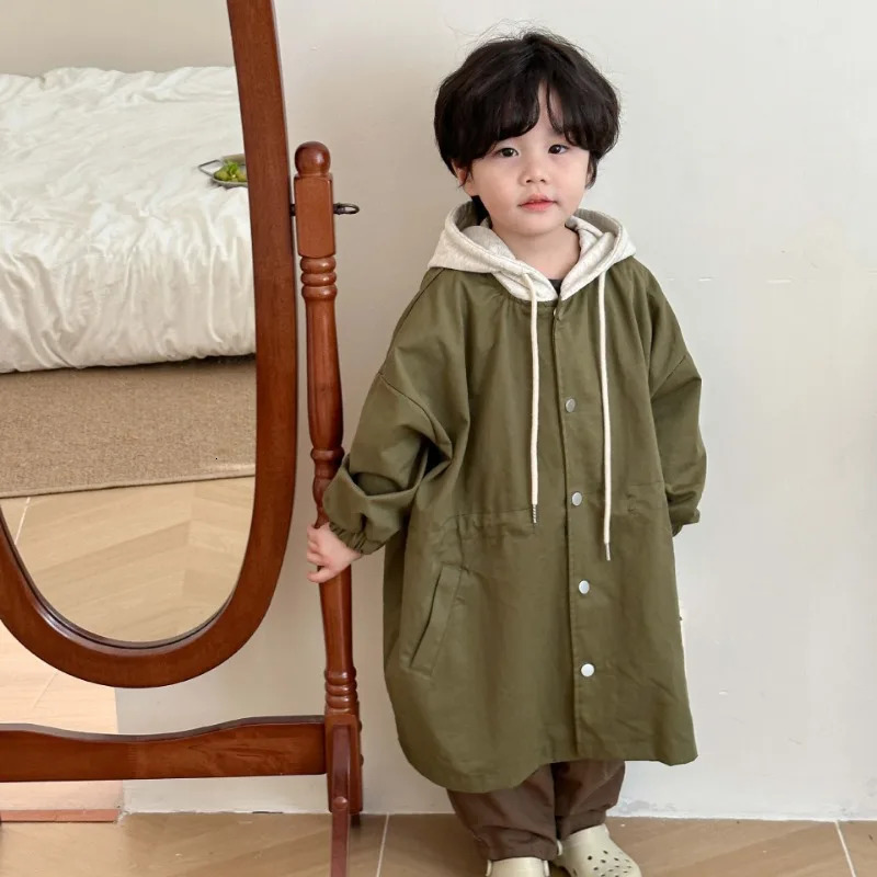 Spring Kids contrast color hooded trench jackets Boys and girls loose casual long style wind jackets 240711