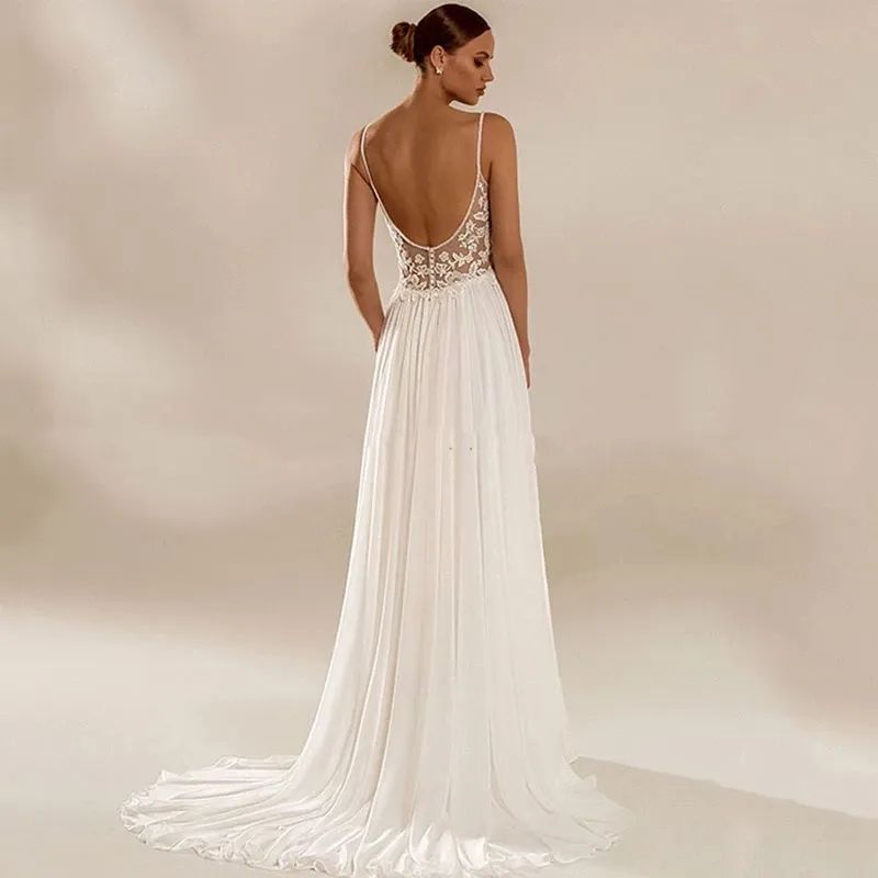 Plus Size V Neck Sexy Side Split A Line Wedding Dresses Summer Beach Elegant Lace Chiffon Boho Bridal Gowns With Pleats Vestidos De Novia Backless Bri